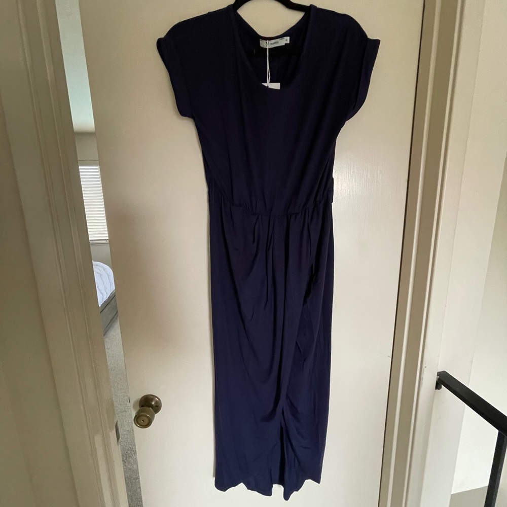 Yidarton Navy Blue Midi Wrap Dress NWT S Cap Sleeve Work Wedding Guest Casual